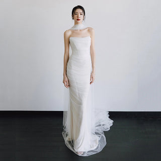 Strapless Ruched Tulle Mermaid Maxi Dress with Sheer Scarf