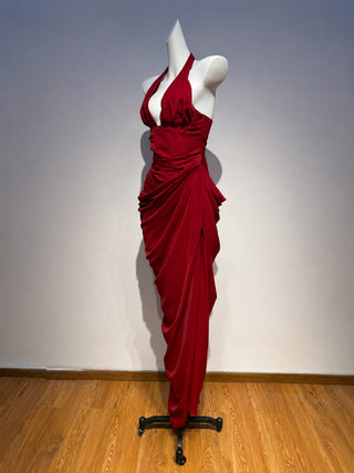 Draped Halter Corset Long Dress with High Slit