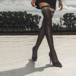 Mesh Thigh-High Boots with Rhinestone Detailing and Stiletto Heel