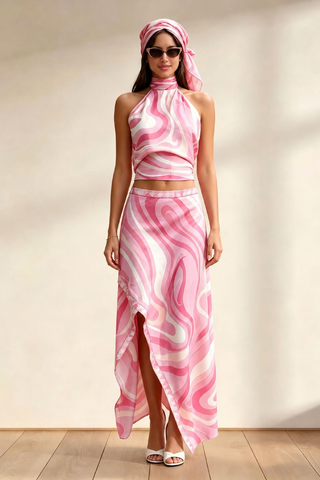 Printed Halter Crop Top & Asymmetric Long Skirt Set with Matching Scarf
