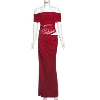 Off-Shoulder Ruched Mesh Cut-Out Long Dress