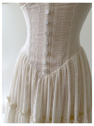 Embroidered Lace Corset Sleeveless Long Dress with Tiered Skirt