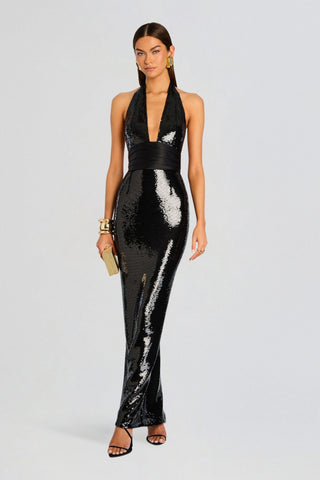 Sequin Halter Neck Long Dress with Open Back and Slit