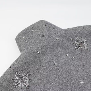 Embellished Wool Short Jacket – Grey High Neck Coat with Crystal Beads & Sequins