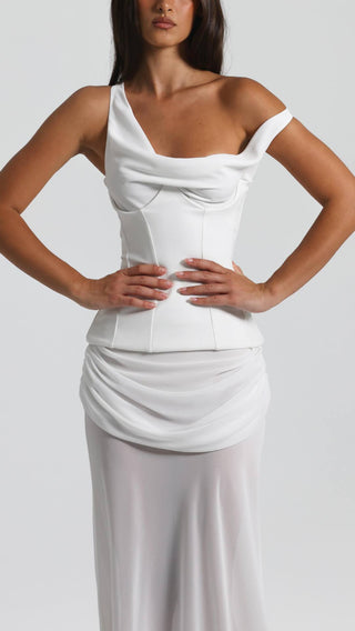 Draped Asymmetric Mesh Long Dress