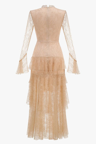 Tiered Lace Ruffle Long Dress with Flared Sleeves