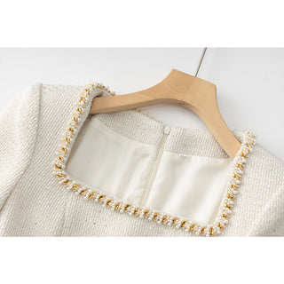 Pearl Trim Tweed Long Sleeve Square Neck Dress