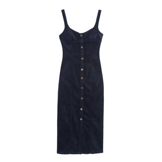 Button Front Denim Midi Dress with Adjustable Straps
