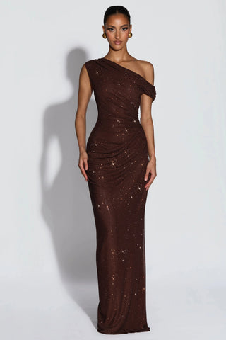 One-Shoulder Shimmer Mesh Long Evening Dress