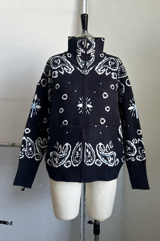 Fur Collar Zip-Up Knit Top – Long Sleeve Paisley Design
