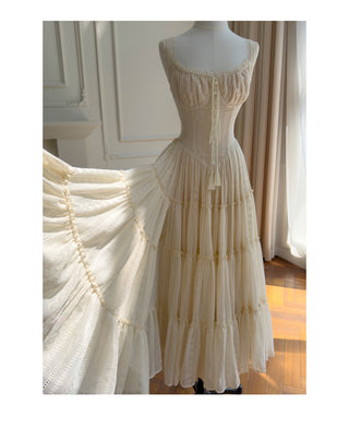 Embroidered Lace Corset Sleeveless Long Dress with Tiered Skirt
