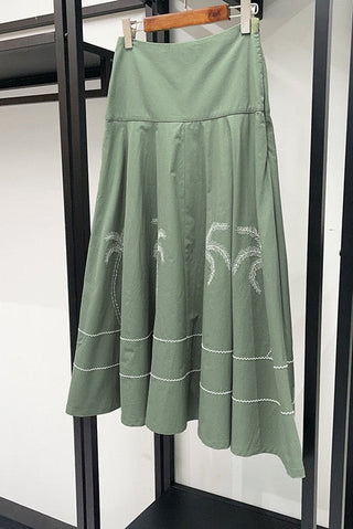 Scallop Cap Sleeve Embroidered Cropped Top & High Waist A-Line Midi Skirt Set