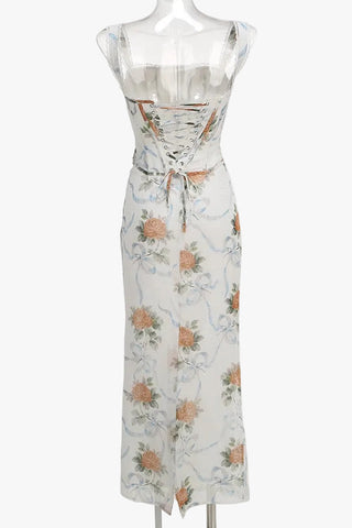 Floral Chiffon Corset Long Dress with Lace Strap Detail and Structured Bodice Design