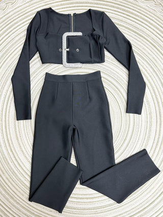 Crystal Buckle Cropped Top & Tailored Pants Set