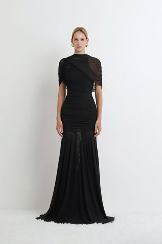 Ruched Off-Shoulder Long Dress – Draped Top & Flowing Skirt