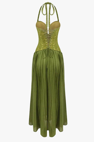 Lace Corset Halter Neck Pleated Long Dress with Lace-Up Back