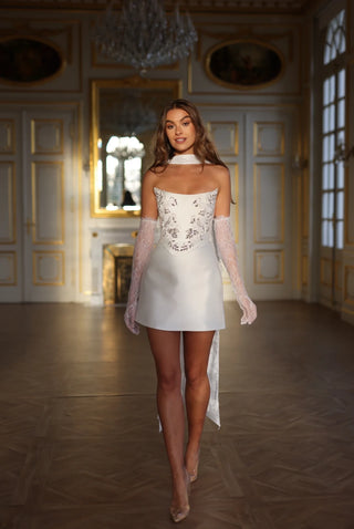 Embellished Satin Corset Mini Dress with Lace Gloves & Scarf