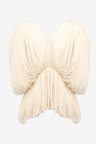 Draped Chiffon V-Neck Asymmetric Top with Batwing Sleeves