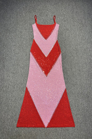 Rhinestone Embellished Colorblock Long Dress with Thin Straps