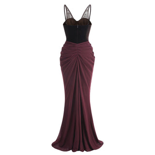 Sleeveless Velvet Corset Long Dress with Mesh Straps & Draped Chiffon Skirt
