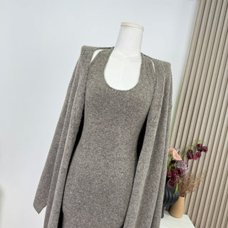 Knit Long Dress with Matching Open Cardigan Set