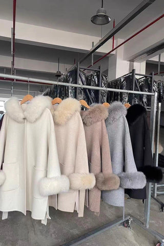 Long Wool Coat with Faux Fur Hood and Cuff Trim – Belted Design