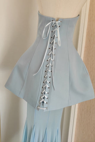 Strapless Crepe Peplum Corset Long Dress with Flowy Mesh Skirt