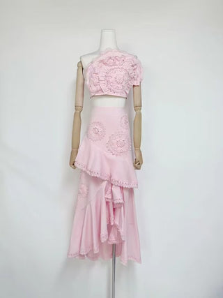 Strapless Lace Appliqué Crop Top & Tiered Asymmetric Long Skirt Set