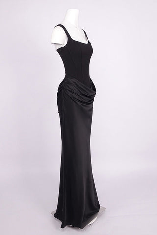 Structured Corset Draped Bodycon Long Dress with Wide Straps