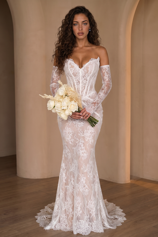 Floral Lace Corset Off-Shoulder Long Dress with Sheer Lace Sleeves