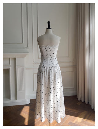 Polka Dot Lace Panel Ruched Midi Dress