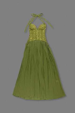 Lace Corset Halter Neck Pleated Long Dress with Lace-Up Back