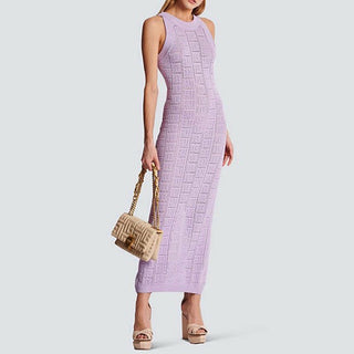 Sleeveless Textured Knit Maxi Dress – Bodycon Fit & Geometric Pattern