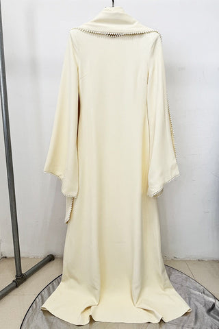 Pearl Trim Minimal Design Dress – Chiffon Material, Long Flared Sleeves