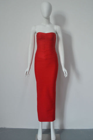 Strapless Bandage Midi Dress with Sculpted Sweetheart Neckline and Bodycon Fit