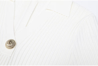 Ribbed Knit Collared V-Neck Short Sleeve Mini Dress with Flared Skirt