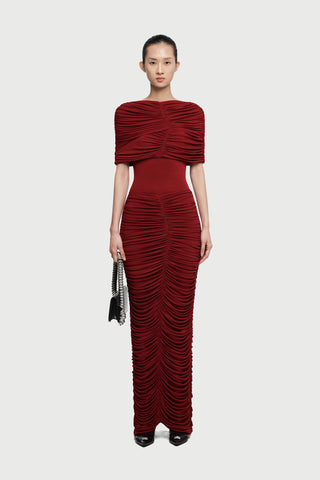Velvet Ruched Cape Shoulder Short Sleeve Long Dress