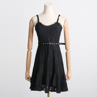 Embroidered Sleeveless Belted Mini Dress