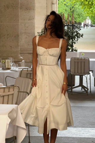 Romantic Corset Waist Midi Dress with Adjustable Lace-Up Back and Wide Straps