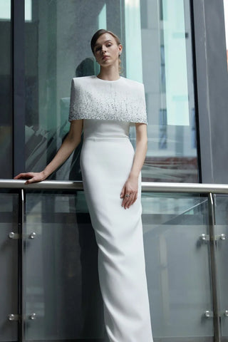 Crystal Embellished Cape Column Long Dress