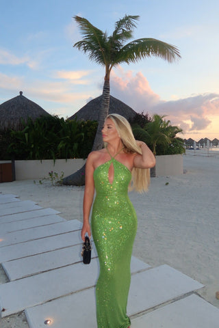 Sparkly Halter Long Dress with Open Back, Bodycon Fit & Rhinestone Details