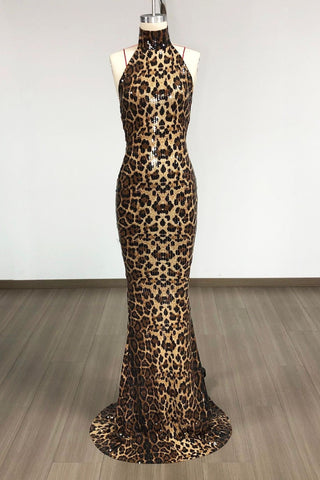 Leopard Print Long Dress – High Neck Sleeveless Sequin Mesh Fabric & Open Back Design