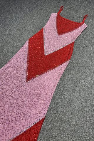 Rhinestone Embellished Colorblock Long Dress with Thin Straps