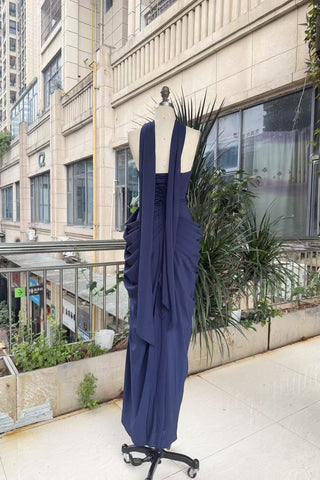 Strapless Ruched Long Dress with Lace-Up Back & High Slit