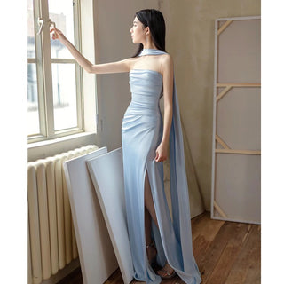 Ruched Strapless Long Dress with Detachable Scarf