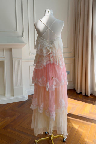 Tiered Lace Long Dress – Layered Ruffle Design, Crisscross Back & Flowy Fit