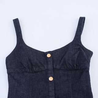 Button Front Denim Midi Dress with Adjustable Straps