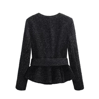 Long Sleeve Textured Tweed Jacket with Gold Buckle Belt & High-Waisted Shorts Set