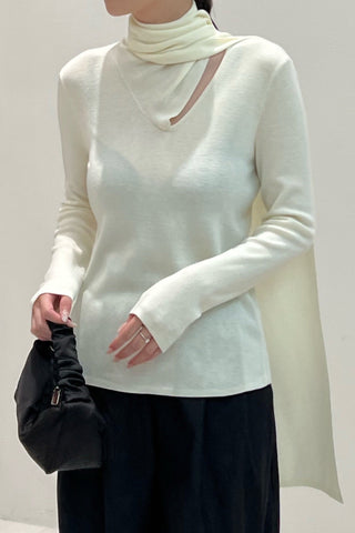 Long Sleeve Knit Top with Attached Scarf Detail and Regular Length