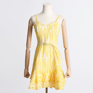 Embroidered Sleeveless Belted Mini Dress